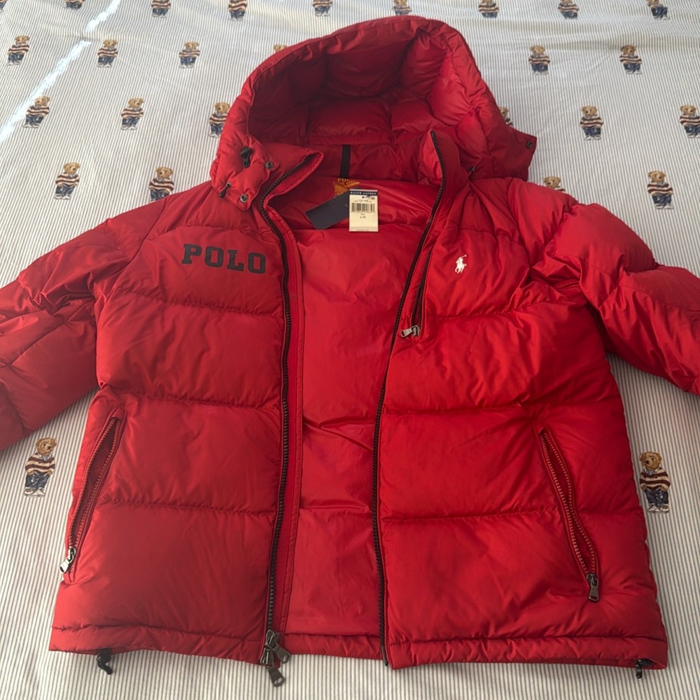 Polo Ralph Lauren Men's Puffer Hooded Jacket Red Draw String Hood